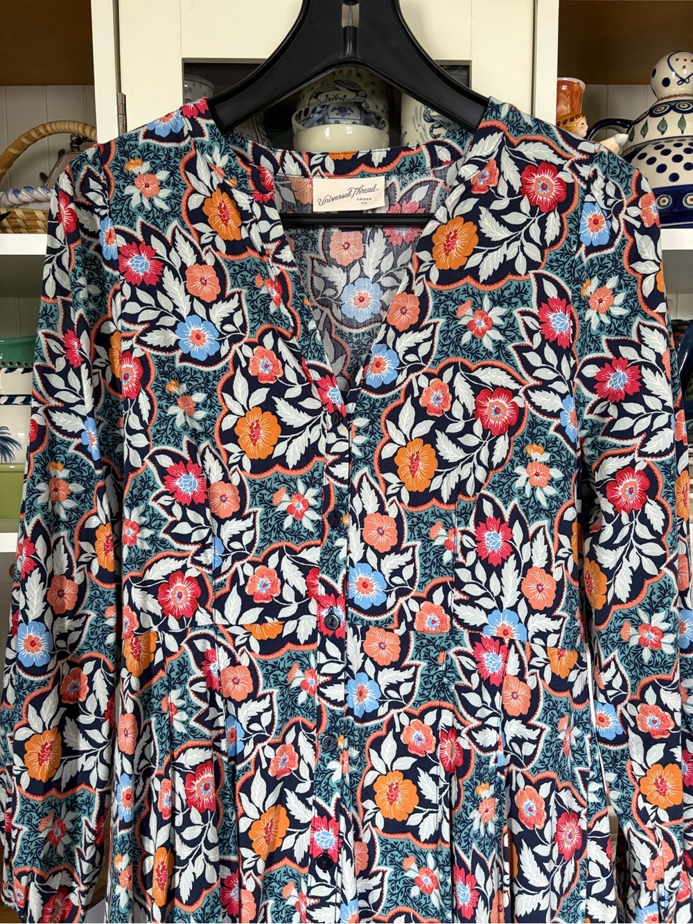 Universal Thread Navy Floral Button-Front Maxi Dress Small Coral Sky Blue Blooms